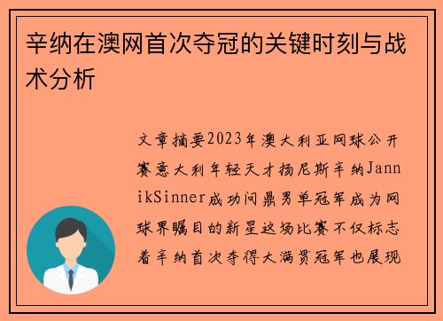 辛纳在澳网首次夺冠的关键时刻与战术分析