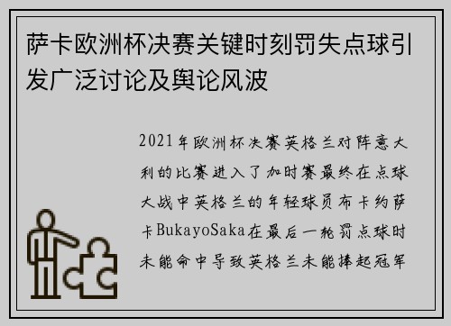 萨卡欧洲杯决赛关键时刻罚失点球引发广泛讨论及舆论风波