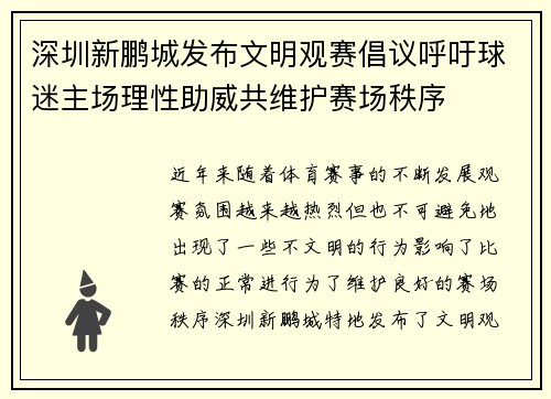 深圳新鹏城发布文明观赛倡议呼吁球迷主场理性助威共维护赛场秩序